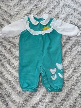 6m vintage 1970s Teal Baby Romper with Sun & Tulip Appliqués